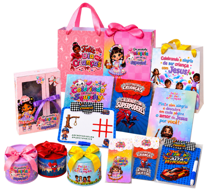 Produtos personalizados dos cinco temas da coleção Dia das Crianças