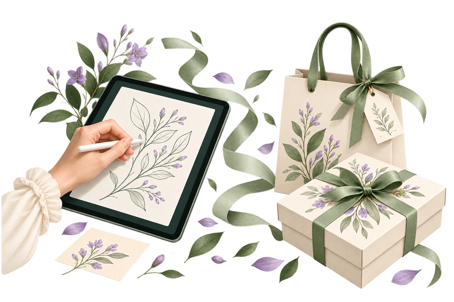 Desenho digital e embalagens personalizadas com folhagens