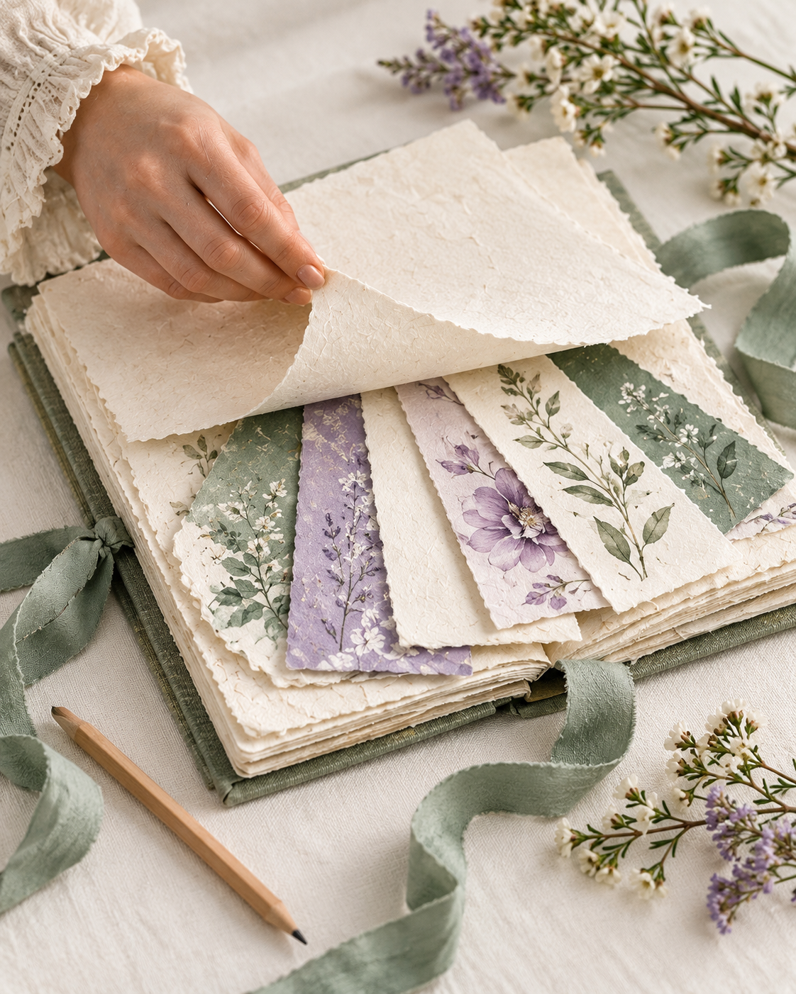 Criação artesanal com papéis, envelopes e flores