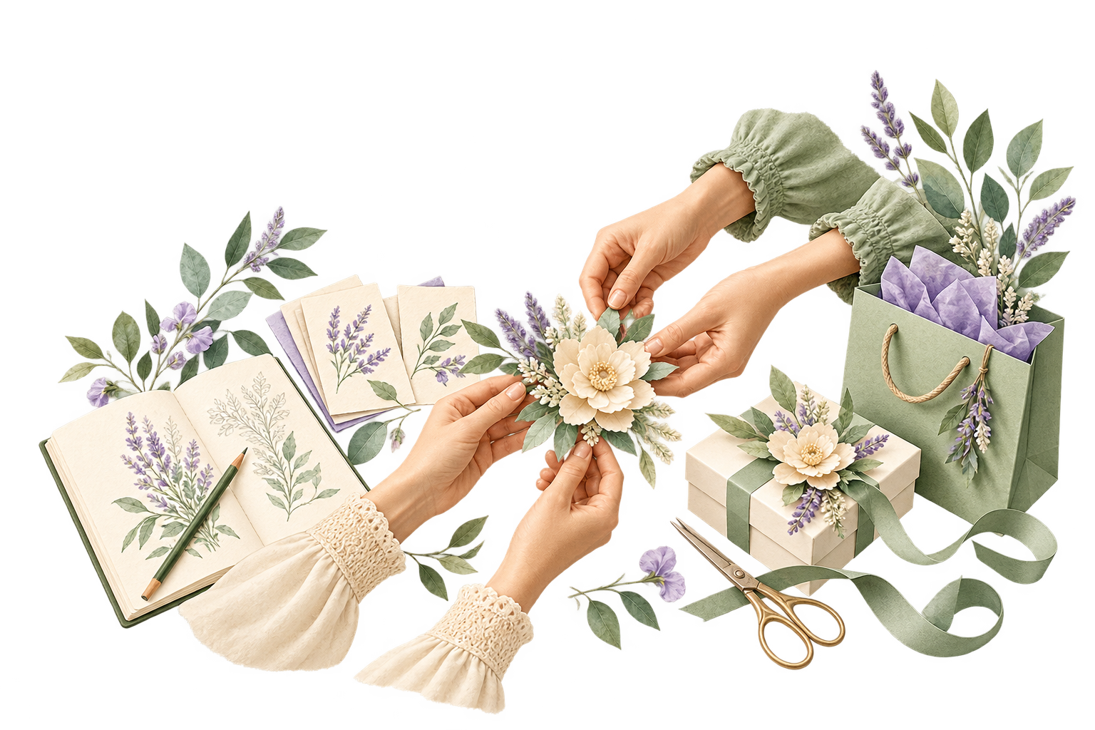Papelaria artesanal, presentes e detalhes florais